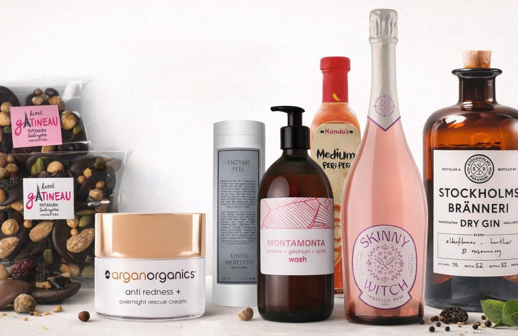 Custom product labels on food, drink and skincare packaging including bottles, jars and pouches