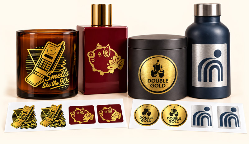 Gold and silver metallic vinyl stickers applied to bottles and containers, with custom kiss-cut sticker sheets on white backing paper.